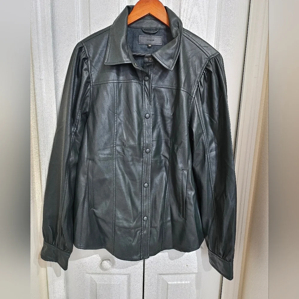Women’s Dark Green Faux Leather Button-Front Jacket